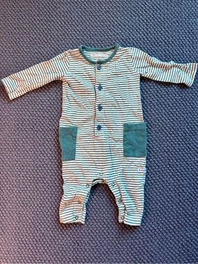 Striped Green & Cream Baby One-Piece Footie with Pocket Details